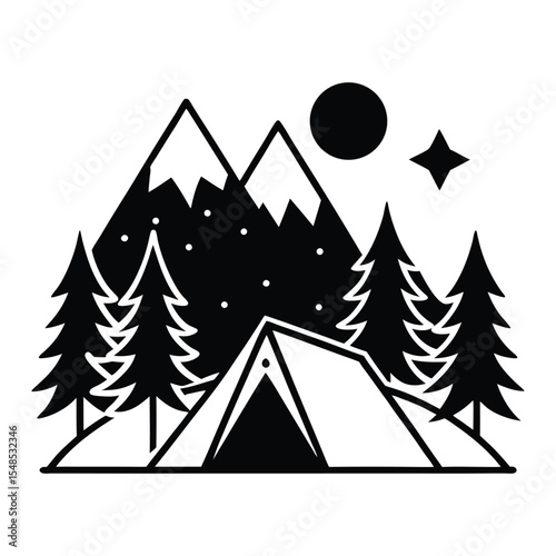Colorful camping scene with tent pine trees snowcapped mountains sun and flower vector