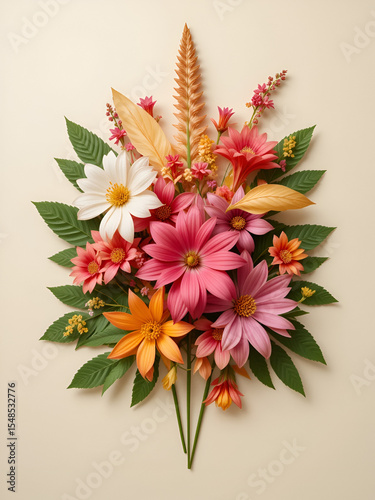 A variety of tropical flowers arranged symmetrically on a cream backdrop