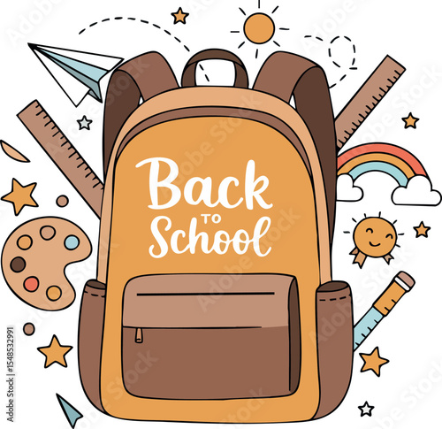 School backpack with educational supplies and back to school text vector illustration 