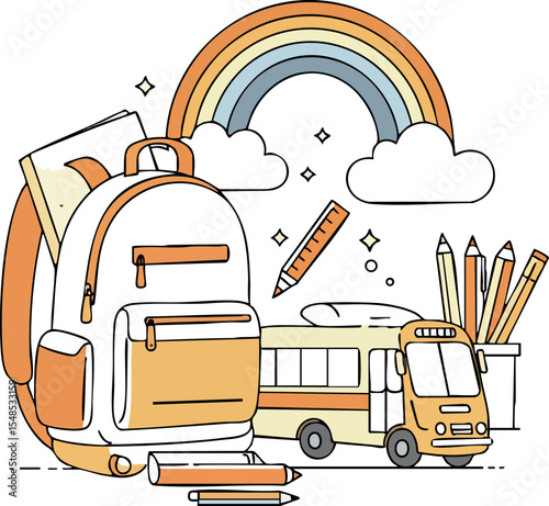 School supplies backpack bus pencils rainbow illustration in soft colors vector image 