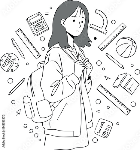 Female student with backpack surrounded by school supplies vector illustration 