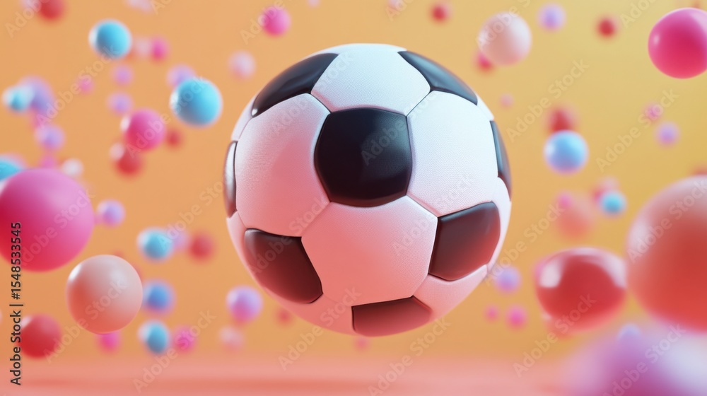 Naklejka premium Dynamic abstract composition of soccer ball and colorful spheres on soft background