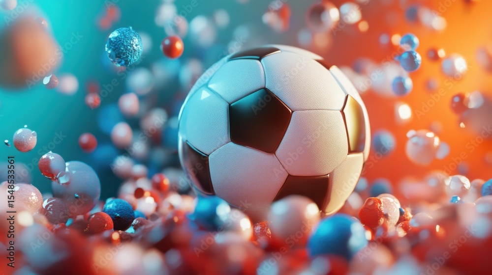 Fototapeta premium Dynamic soccer ball amidst a burst of playful, abstract color spheres
