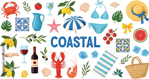 Mediterranean summer vacation illustration set. Italian holiday elements. 