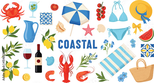 Mediterranean summer vacation illustration set. Italian holiday elements. 