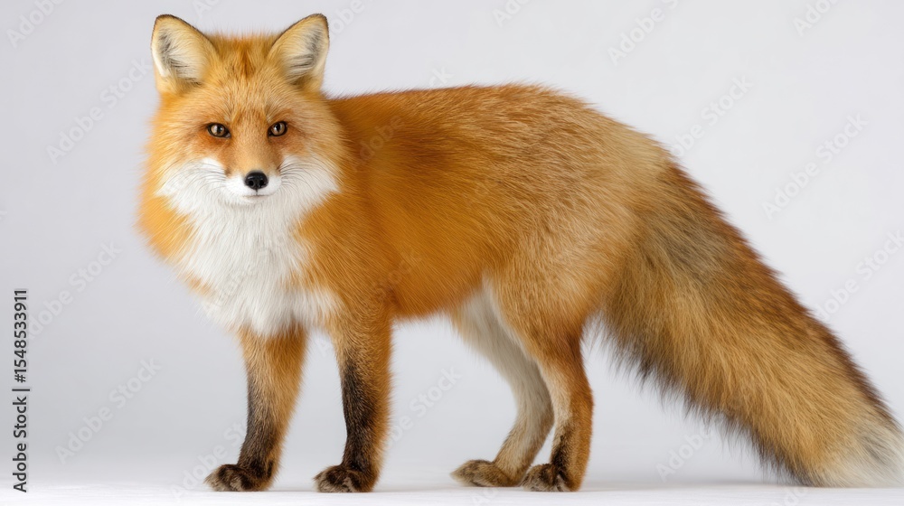 Fototapeta premium A red fox stands against a plain background
