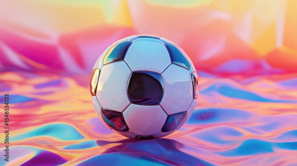 Obraz premium Soccer ball resting on vibrant iridescent liquid landscape artwork creation