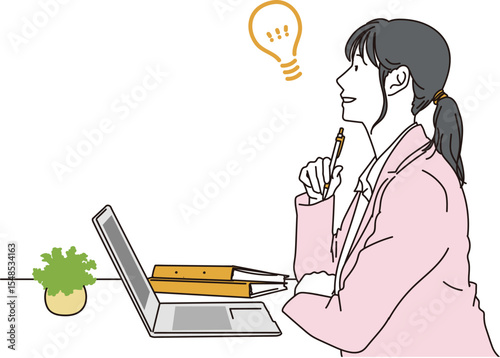 PCの前で閃くスーツの女性の横顔イラスト素材