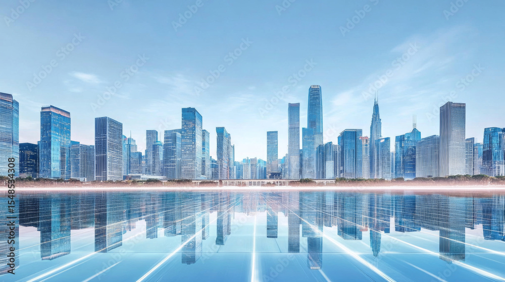 Fototapeta premium Blue city building complex with a tech feel, commercial finance real estate background