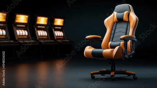 A chair is sitting in front of a slot machine