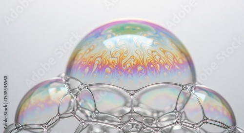 Iridescent soap bubbles shimmer brightly under soft light. AI Generated