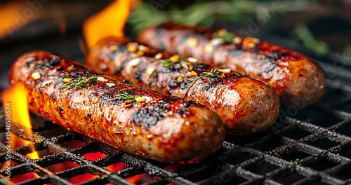 Grilled sausages sizzling on a barbecue grill outdoors
