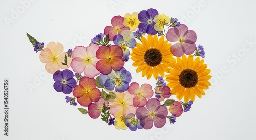 Vibrant pressed flowers artfully arranged in a yin yang symbol soft light. AI Generated