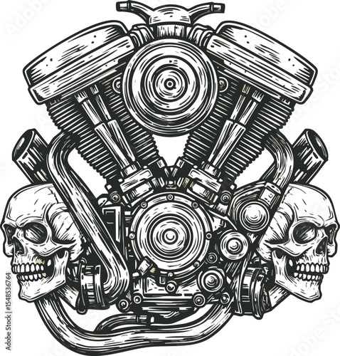 Vintage motorcycle engine with skulls detailed mechanical illustration vector art 