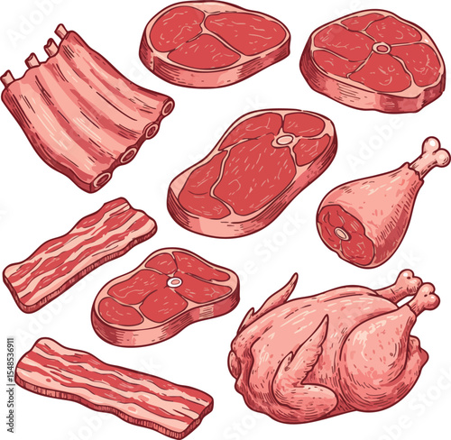Various cuts of red meat including steak ribs bacon and whole chicken vector illustration 