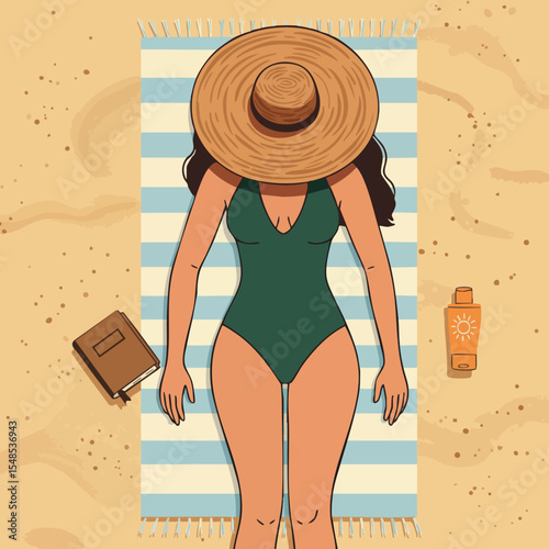 Woman in green swimsuit lying on beach towel with straw hat and suntan lotion vector illustration 