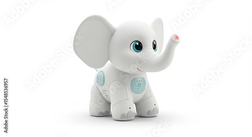 Adorable baby elephant toy playfully poses against bright white background. AI Generated