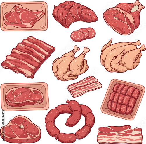 Assorted raw meat cuts including chicken, sausages, ribs, and bacon vector illustration 