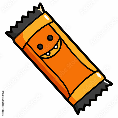 Cartoon Halloween Candy Bar with Smiling Face and Spooky Features.