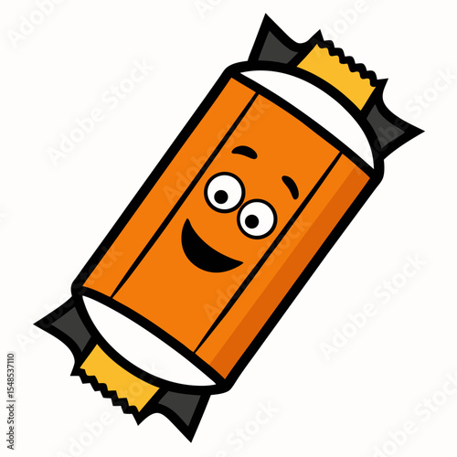 Cartoon Candy with a Smiling Face Orange Wrapper and Black Accents.