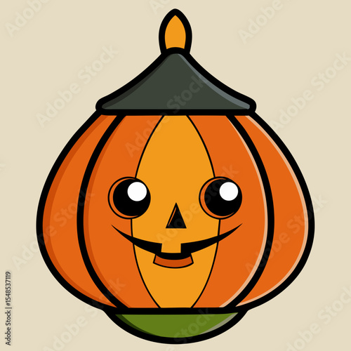 Cute Cartoon Pumpkin Lantern with a Happy Face and Dark Green Base.