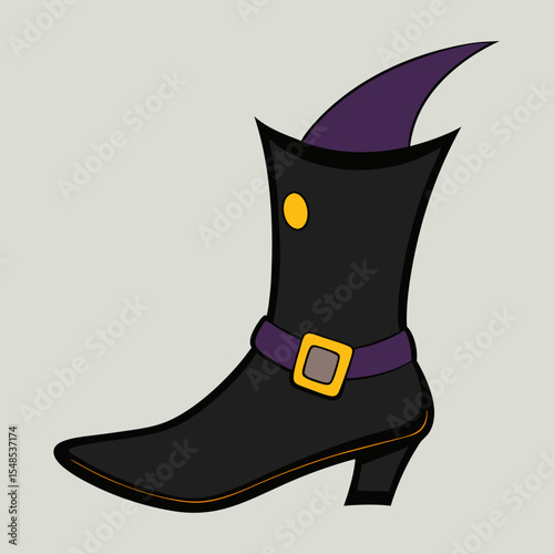 Witchs Black Boot with Purple Hat Brim and Gold Buckle.