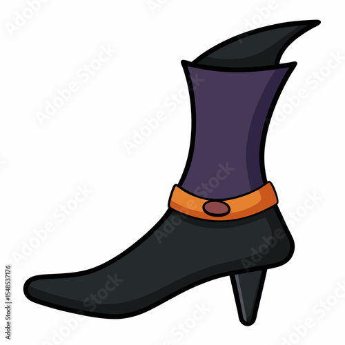 Cartoon Witch Boot with Pointed Toe Purple Shaft and Orange Buckle.