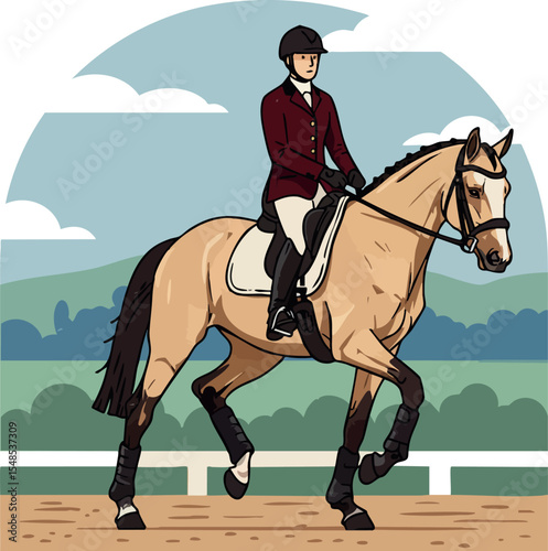 Equestrian rider on light brown horse in outdoor dressage arena with blue sky background vector illustration 