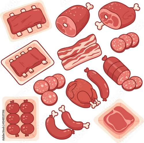 Various Meat Cuts and Sausages Vector Illustration with Red and Pink Tones 