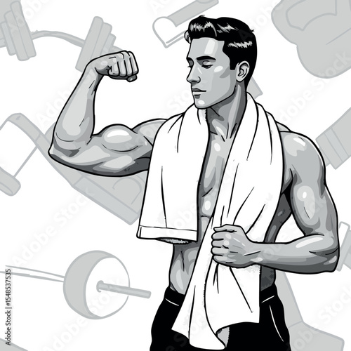 Muscular man flexing biceps with towel in gym workout fitness environment vector illustration 