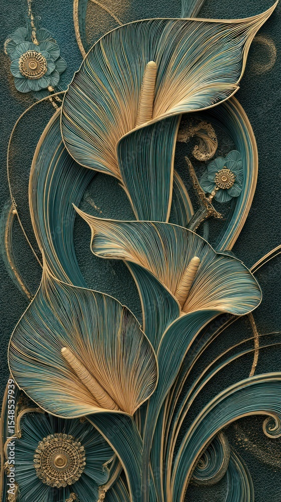 Teal and gold Calla lilies in elaborate, decorative design Teal and gold Calla lilies in elaborate, decorative design