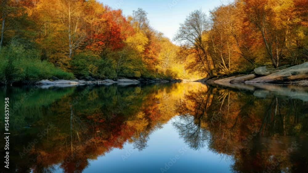 Serene river flanked by vibrant, colorful autumn trees, with reflective water showcasing clear sky