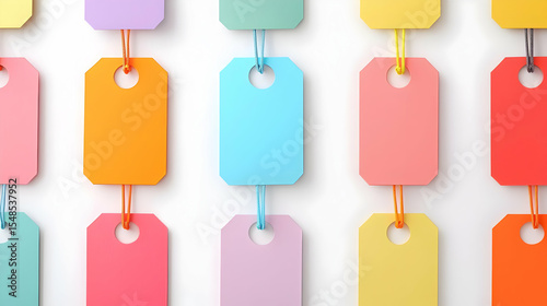 Colorful Blank Tags on String against Bright Background for Marketing