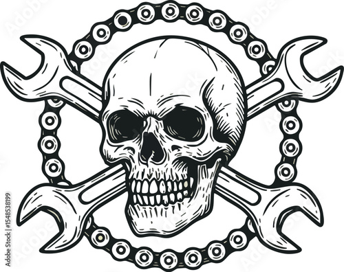 Skull with crossed wrenches and circular chain mechanical emblem vector design 