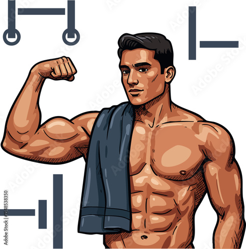 Muscular man flexing biceps with towel in gym fitness illustration vector 