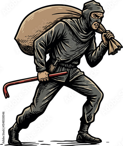 Burglar carrying sack and crowbar in dark clothes and mask vector illustration 