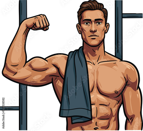 Muscular man flexing biceps with towel in gym fitness workout illustration 