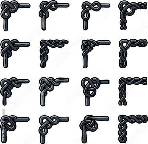 Collection of Rope Corner Knots Vector Illustration for Nautical and Craft Designs 