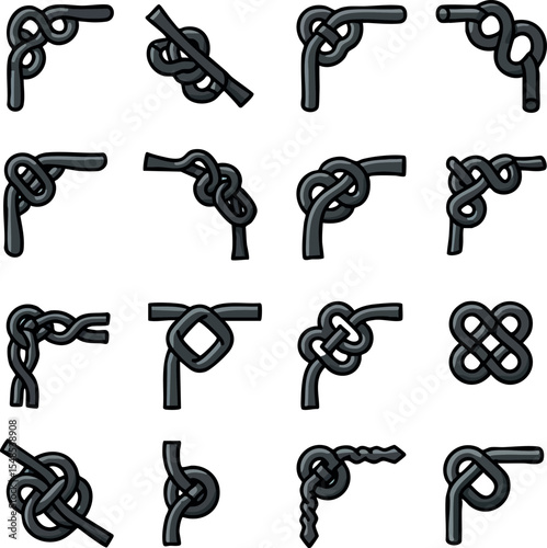 Various Black Rope Knots Vector Illustration Set Showing Different Knot Types and Styles 