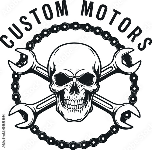 Skull with crossed wrenches and chain custom motors logo vector design emblem 