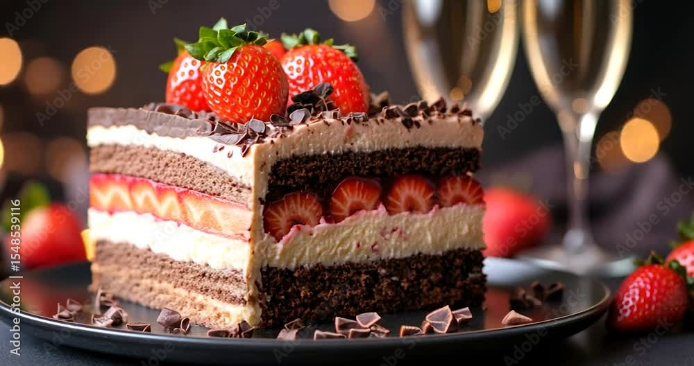 Delicious three-layered chocolate strawberry cake slice, garnished with chocolate shavings and fresh strawberries, served on a dark plate.