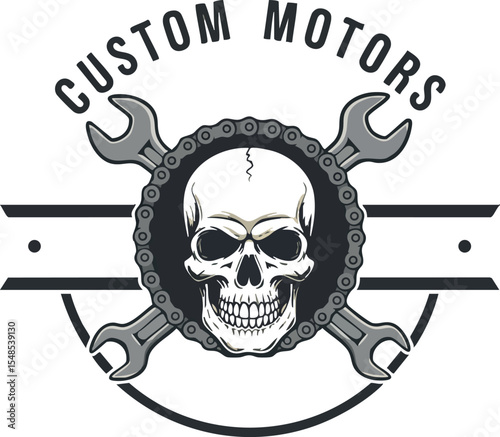 Custom motors logo with skull and crossed wrenches vector design for mechanical workshops 
