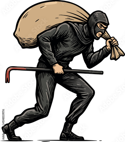 Burglar carrying sack and crowbar in black clothing and mask vector illustration 