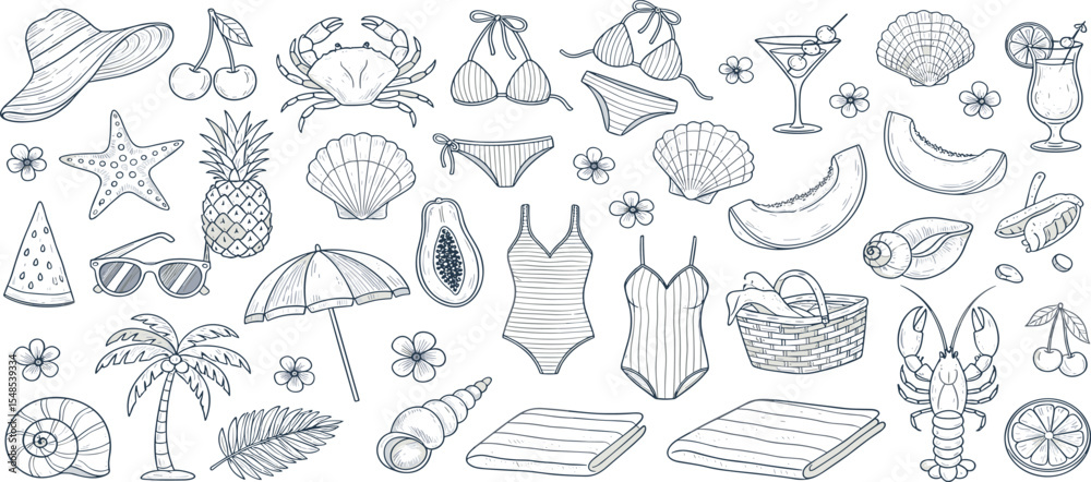 Summer vacation doodle illustration set. Beach and sea travel elements. Hand drawn palm tree, fruit, lobster, seafood, shell, bikini, cocktail.