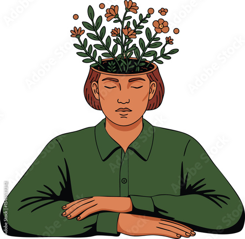 Human Head with Flowers Growing Conceptual Plant Mind Illustration in Green Shirt 