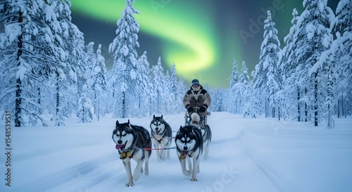 Dog sledding adventure in winter wonderland with aurora borealis northern lights experience travel