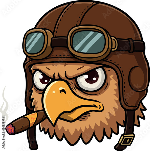 Fierce eagle head wearing aviator helmet with goggles smoking cigar vector illustration 