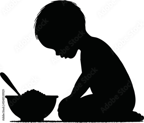 Silhouette of a hungry child sitting on the ground holding an empty bowl, head slightly bowed, thin and fragile figure, sad posture, isolated on white background, vector style