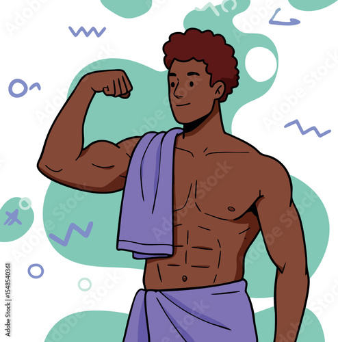 Muscular man flexing biceps with towel after workout fitness vector illustration 