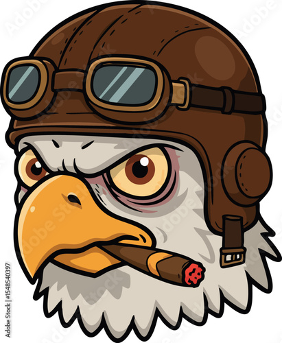 Eagle head with pilot helmet and cigar smoking vector illustration in bold style 